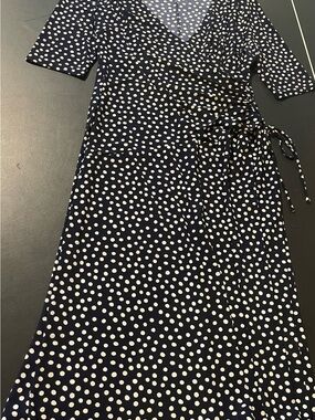 Jones Wear Navy and White Polka Dot Wrap Midi Dress
